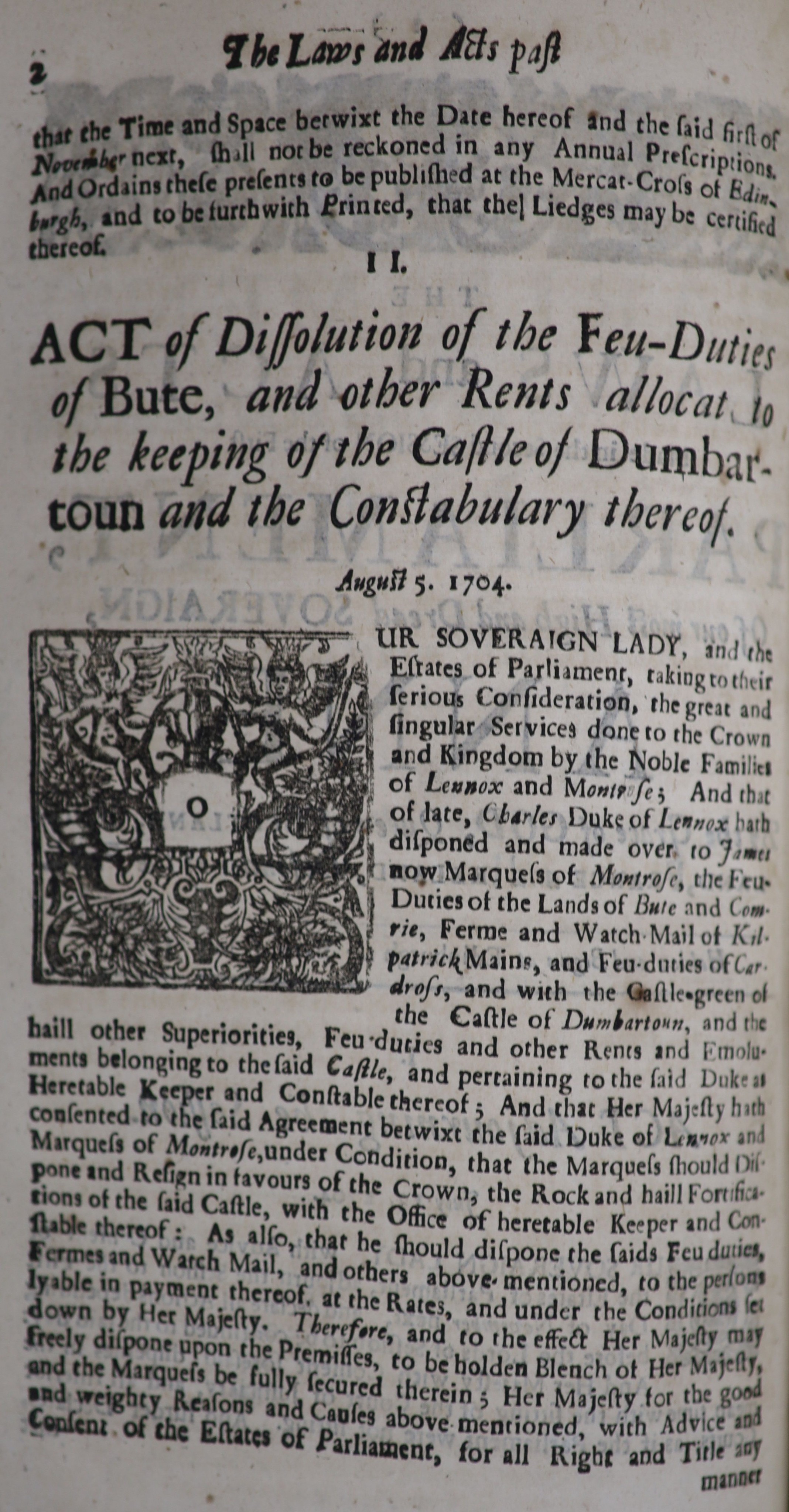 [Scotland] Laws and Acts (of Scotland)' approx. 12 various, William & Mary (1689) - Ann (1707). engraved headpieces and decorated initial letters; includes (January 1707) 'Act Ratifying and Approving the Treaty of Union